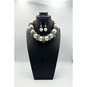 Chunky Runway Huge Wriped  Silver Tone Mesh Snake Faux Pearls Necklace‎ Set VTG